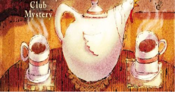 Teapot and two steaming mugs with blurred text 