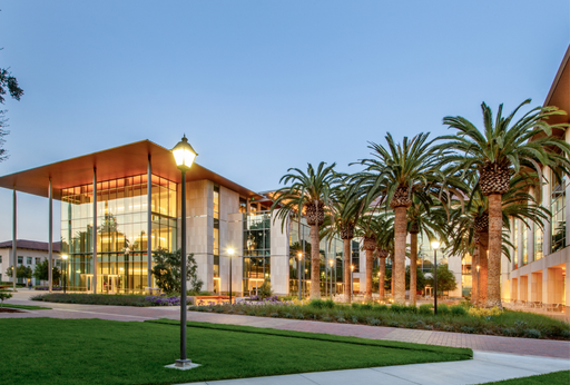 Evening view of the entire Sobrato Campus for Discovery and Innovation Building