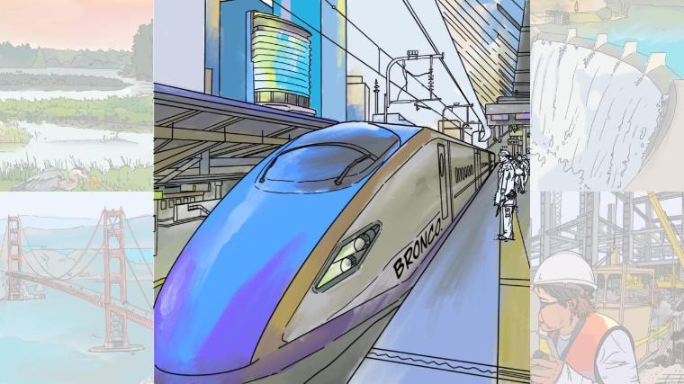 An illustration of a train, a wetland, a portion of the San Francisco Golden Gate Bridge, a damn, and a construction site.