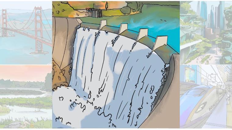 An illustration with a damn, the San Francisco Golden Gate Bridge, a high speed train, green buildings and a wetland.