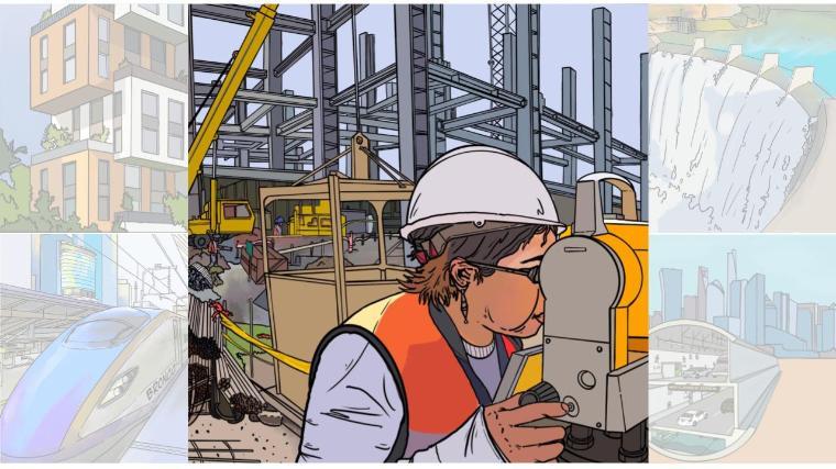 An illustration of a construction site, modern living apartments, a dam, a high-speed train, and inside of a subway tube.