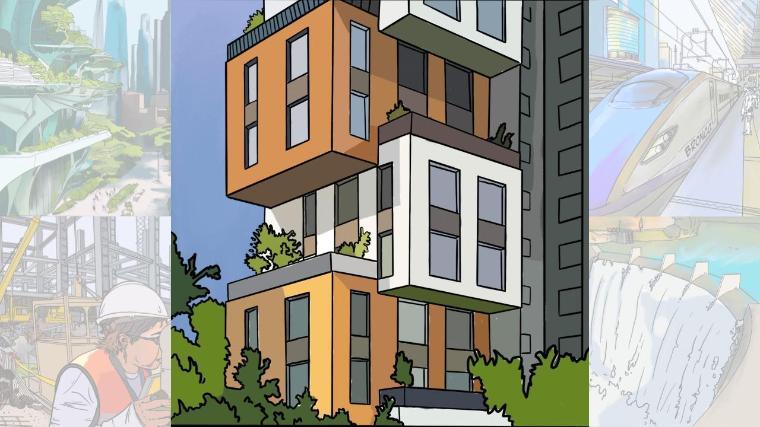 An illustration of a modern living building, a damn, a high speed train, a construction site, and a green building.