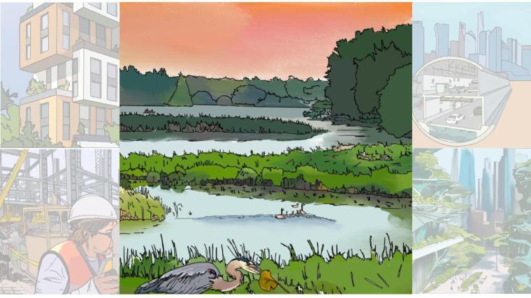 An illustration of a wetland, a modern living apartment, inside of a subway tube, a construction site, and green buildings.