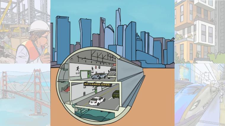 An illustration of the inside of a subway tube, a portion of the Golden Gate Bridge, modern green buildings, a construction site, and a high-speed train.