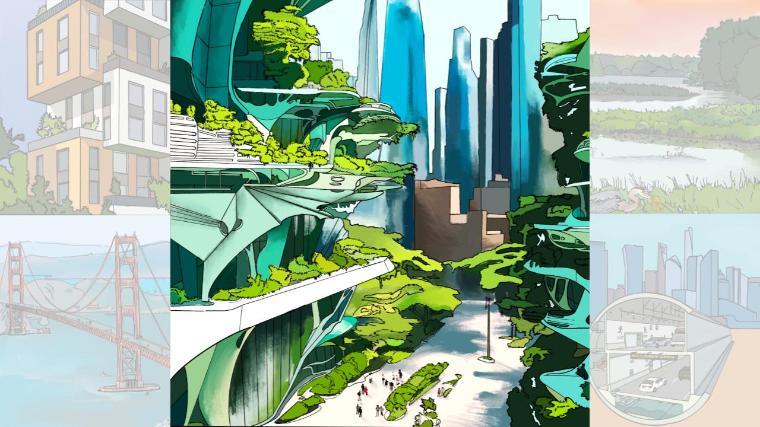 An illustration of green buildings, modern living apartments, a portion of the Golden Gate Bridge, a wetland, and the inside of a subway tube.