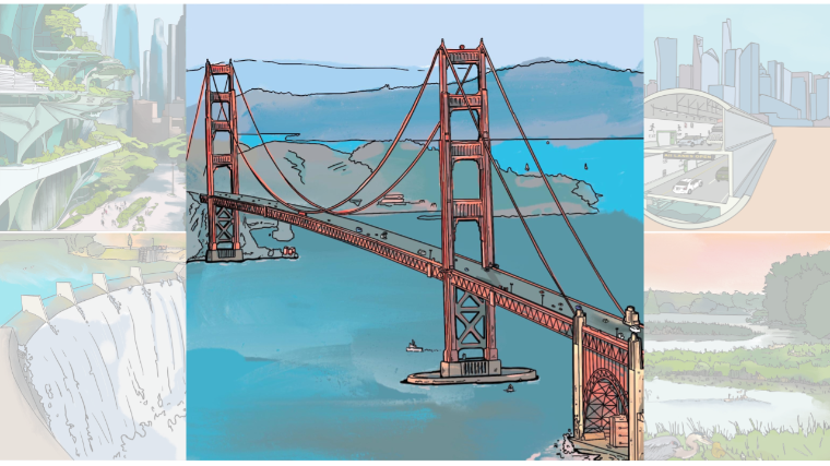 An illustration with part of the San Francisco Golden Gate Bridge, a green building, a dam, a wetland, and transportation tunnel.