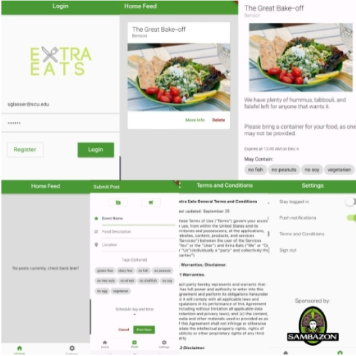 Screen shots of various screen of the mobile app. From the login screen, picture of food item, location of items, and a screen for posting food that is available. 