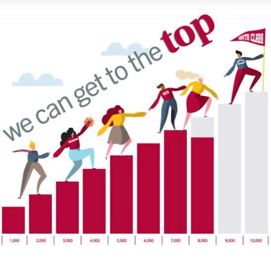 Illustration of SCU Broncos climbing to the top of a bar graph titled "we can get to the top"