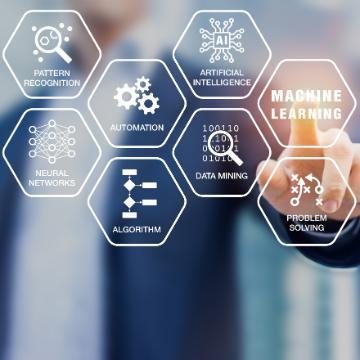 A person interacting with virtual AI and machine learning icons.