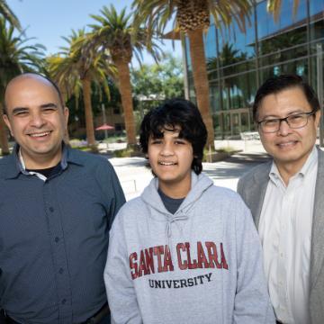 A photo of Kairan Quazi with faculty Nam Ling and Ahmed Amer