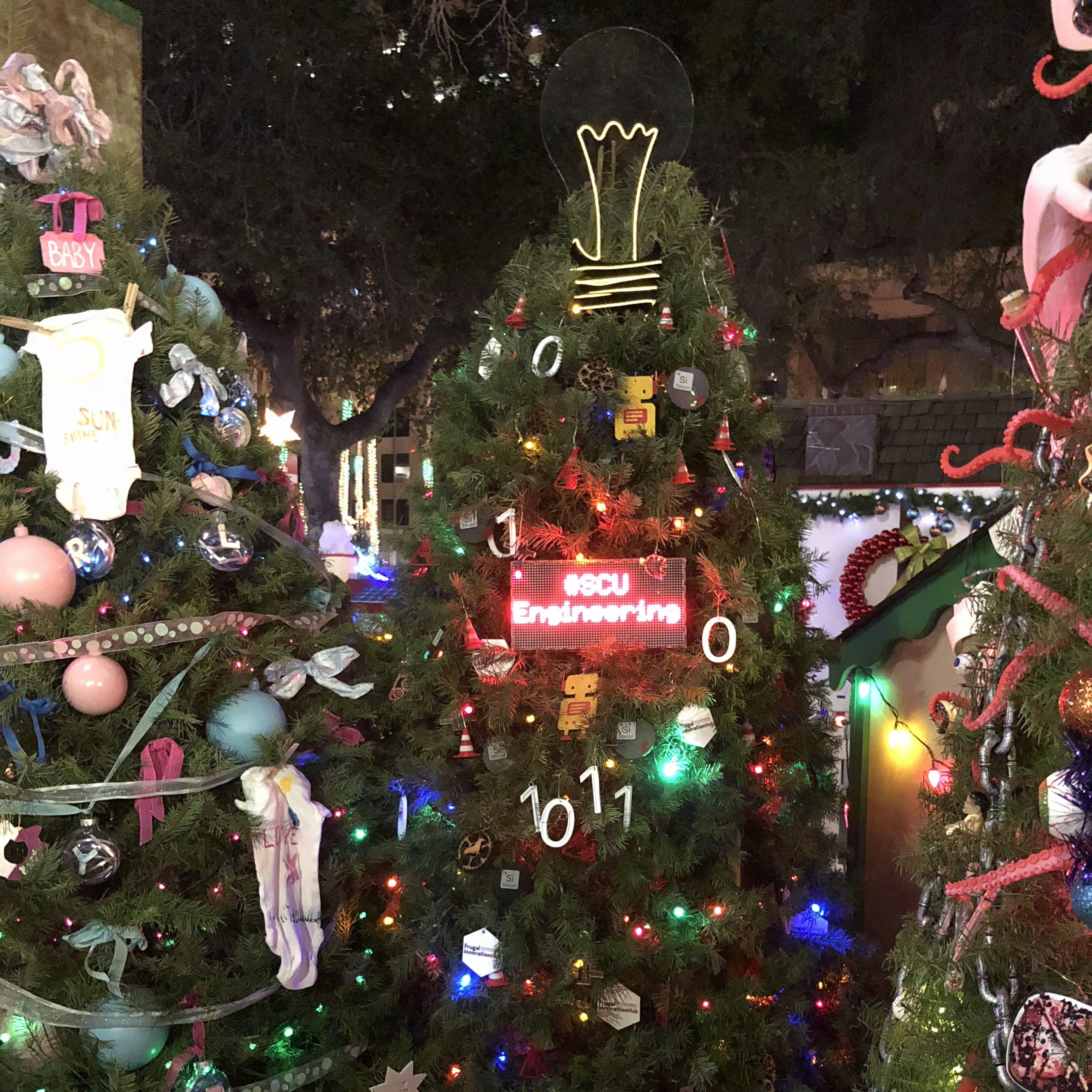 A photo of the School of Engineerings Christmas Tree at Christmas in the Park