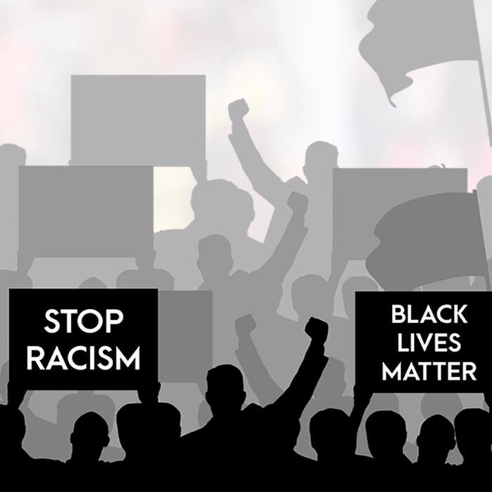 Silhouette of protest with arms raised and Stop Racism and Black Lives Matter signs image link to story