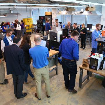 Attendees of the 2017 University Maker Workshop visit SCU's Maker Lab
