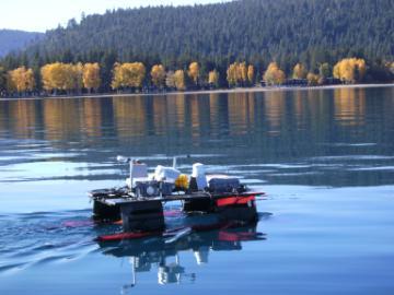 SWATH boat on a beautifully calm Lake Tahoe