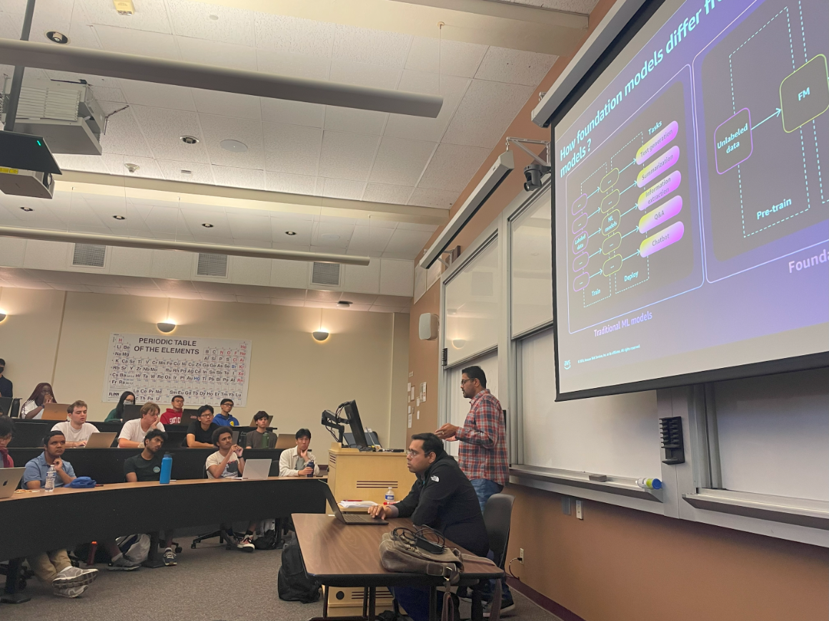 Guest speaker speaking at the front of a classroom full of students sitting.