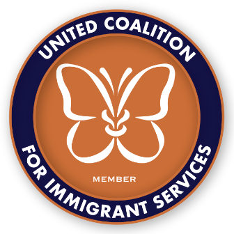 Round logo for United Coalition for Immigrant Services navy blue band around a orange circle with a white butterfly