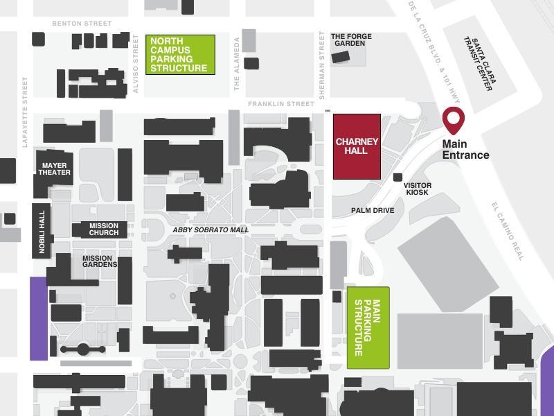 Map of campus with the Main and North Parking Lots highlighted